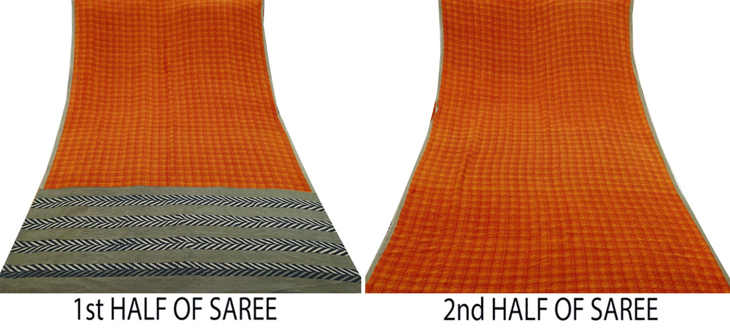 Indian Vintage Sari Orange & Saffron Pure Crepe Silk Printed Sarees 5yd Sewing Floral Soft Craft Fabric Wrap Dress Making Crafting Quilting
