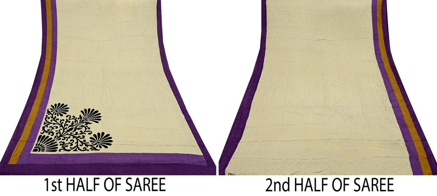 Indian Vintage Beige Saree Pure Crepe Silk Printed Sari 5yd Sewing Paisley Soft Craft Fabric Wrap Dress Making Quilting Crafting Upcycle