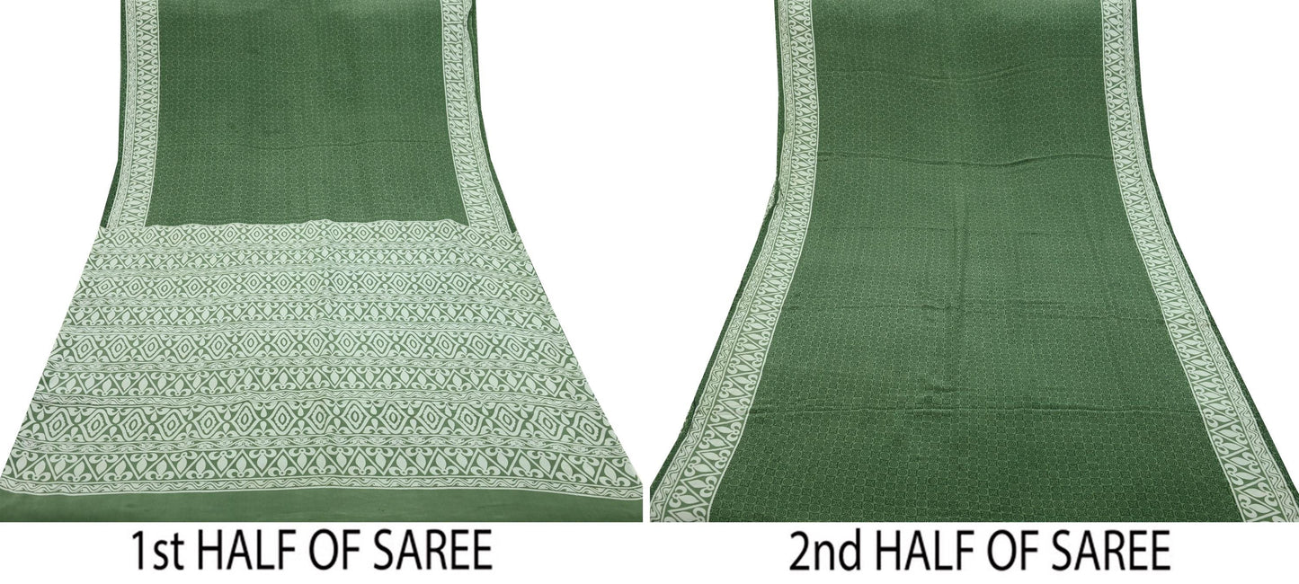 Indian Vintage Sari Green Pure Crepe Silk Printed Saree 5yd Sewing Floral Soft Craft Fabric Wrap Dress making Crafting Quilting