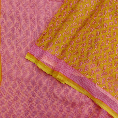 Vintage Sari Yellow & Pink 100% Pure Chiffon Silk Printed Sarees Sewing 5yd Craft Fabric Soft Dress Designing for Crafting Floral