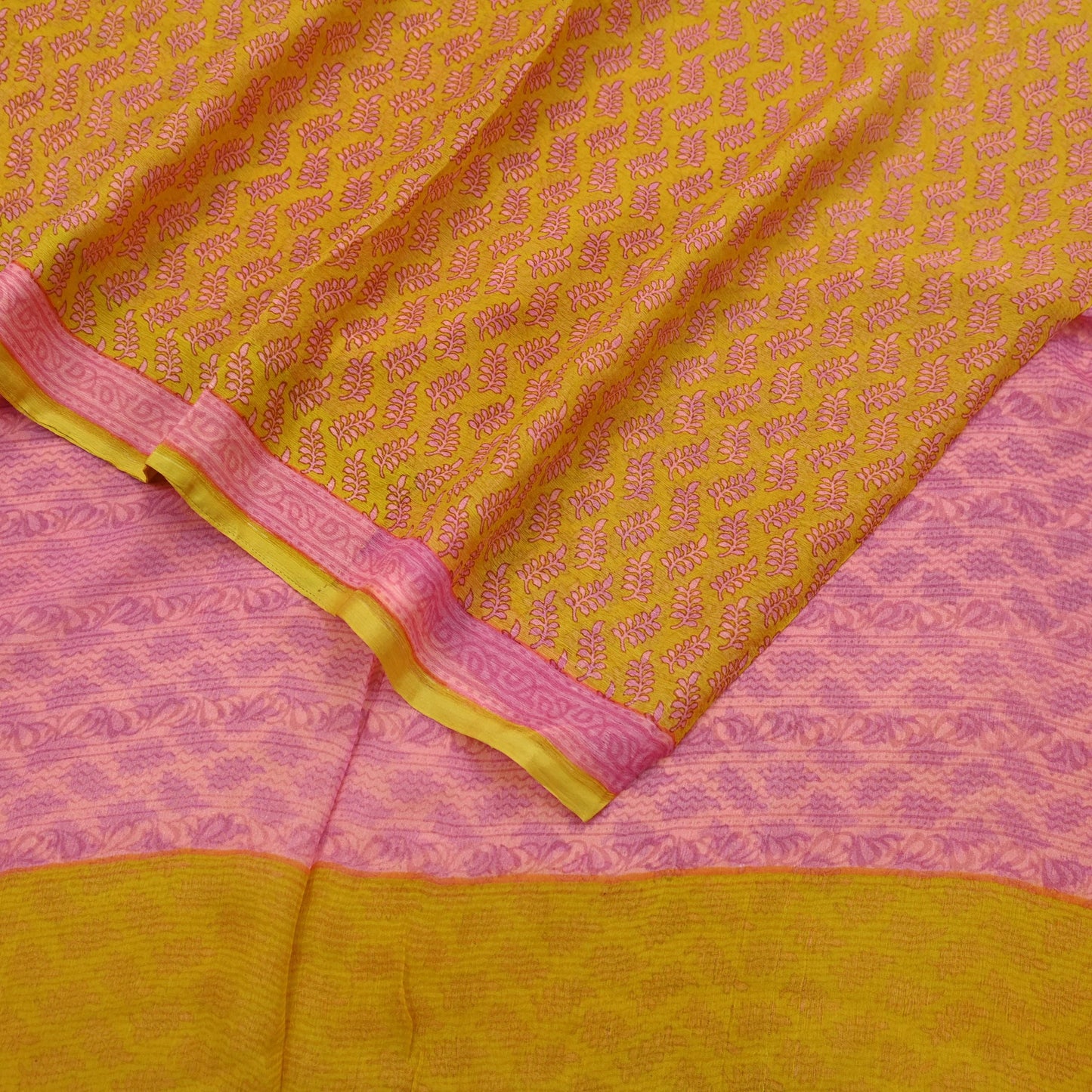 Vintage Sari Yellow & Pink 100% Pure Chiffon Silk Printed Sarees Sewing 5yd Craft Fabric Soft Dress Designing for Crafting Floral