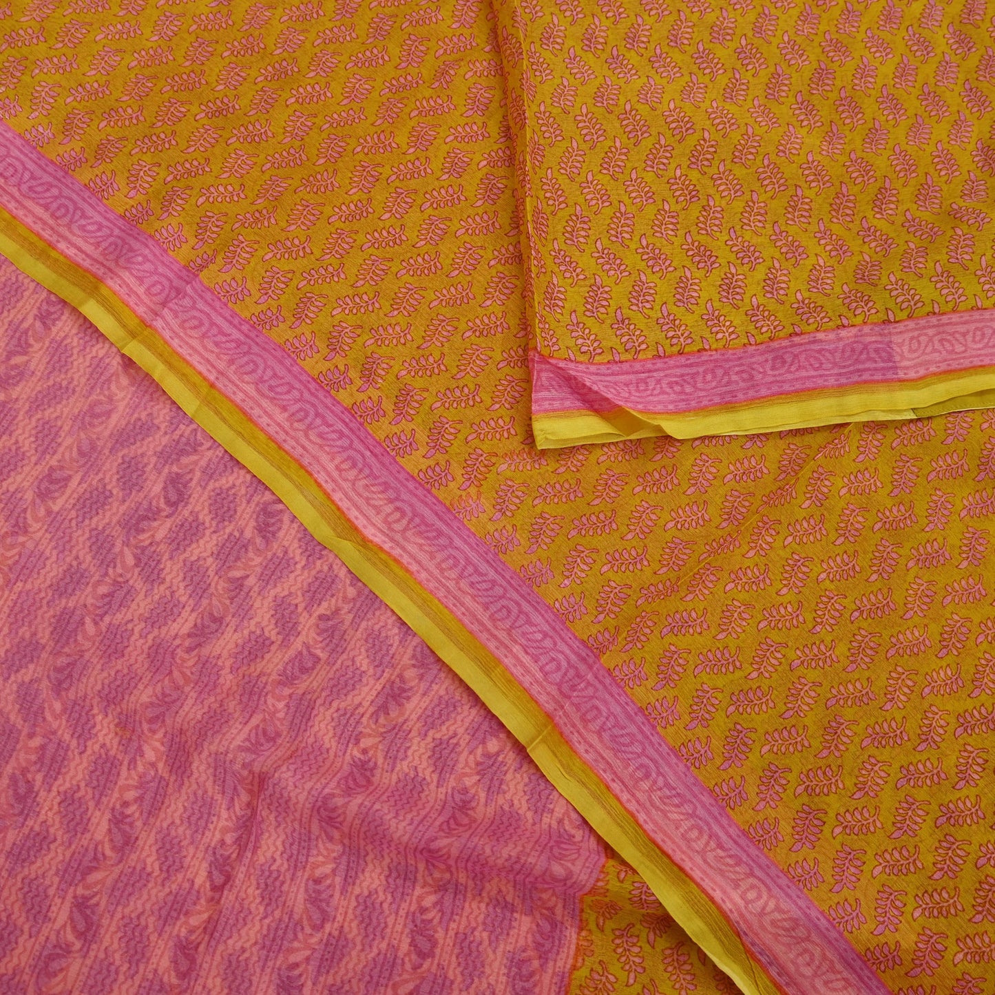 Vintage Sari Yellow & Pink 100% Pure Chiffon Silk Printed Sarees Sewing 5yd Craft Fabric Soft Dress Designing for Crafting Floral