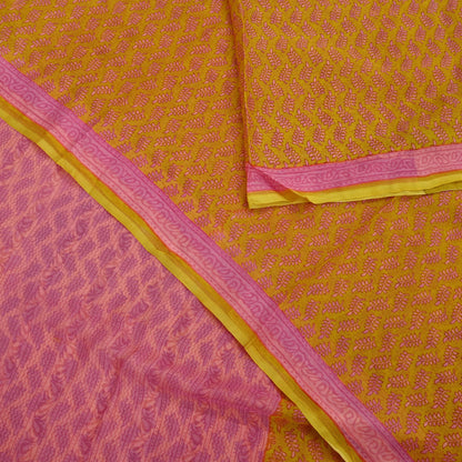 Vintage Sari Yellow & Pink 100% Pure Chiffon Silk Printed Sarees Sewing 5yd Craft Fabric Soft Dress Designing for Crafting Floral