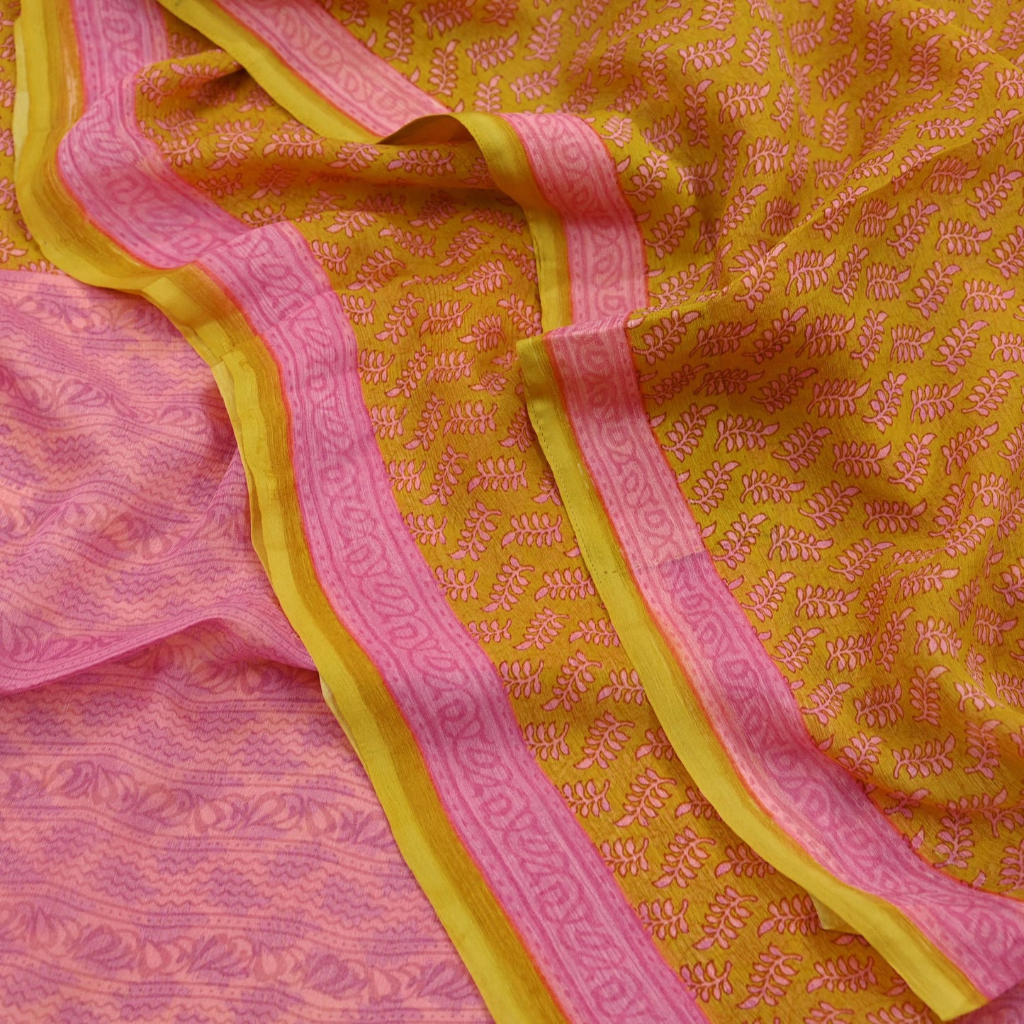 Vintage Sari Yellow & Pink 100% Pure Chiffon Silk Printed Sarees Sewing 5yd Craft Fabric Soft Dress Designing for Crafting Floral
