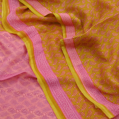 Vintage Sari Yellow & Pink 100% Pure Chiffon Silk Printed Sarees Sewing 5yd Craft Fabric Soft Dress Designing for Crafting Floral