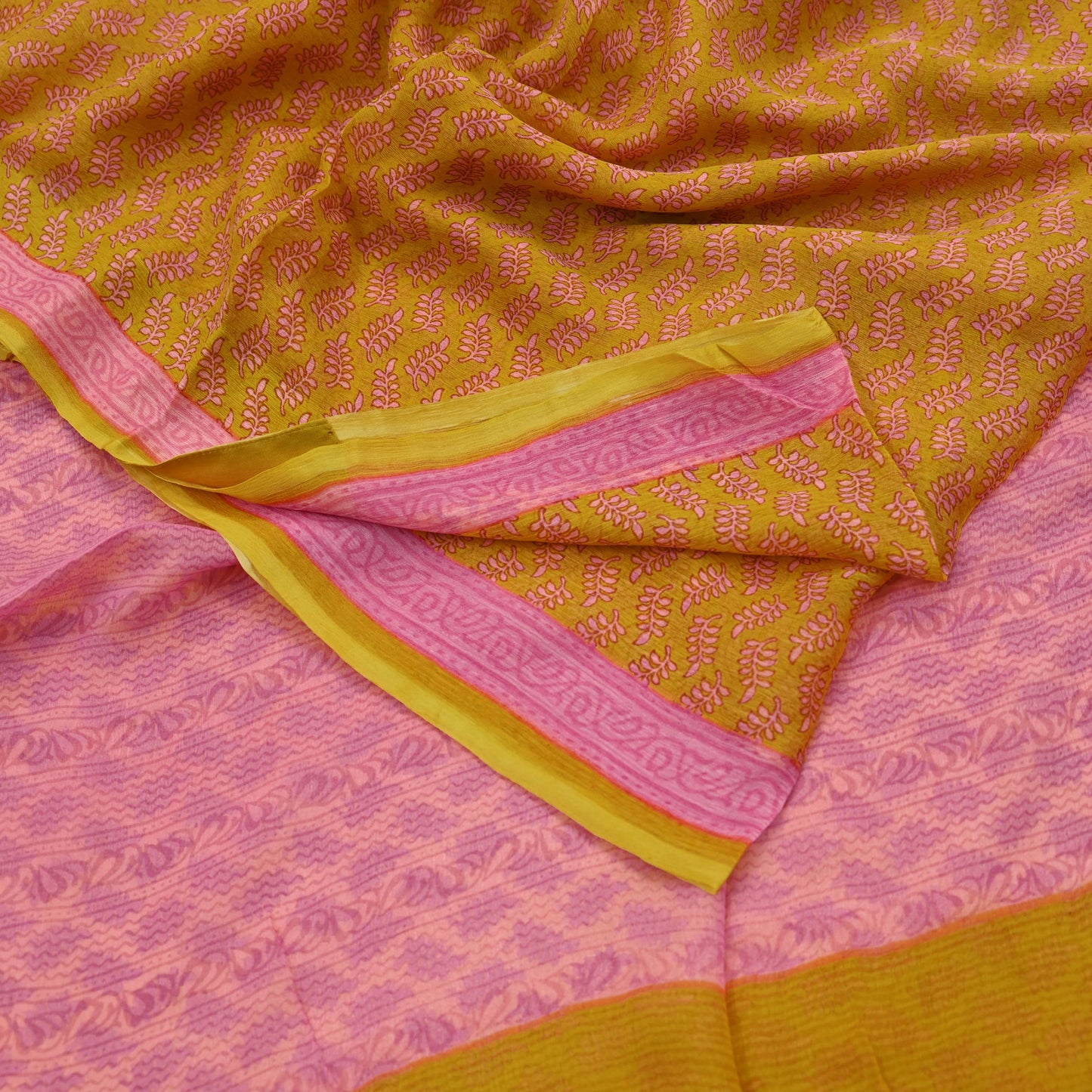 Vintage Sari Yellow & Pink 100% Pure Chiffon Silk Printed Sarees Sewing 5yd Craft Fabric Soft Dress Designing for Crafting Floral