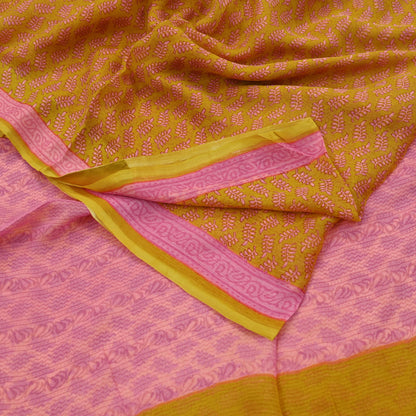 Vintage Sari Yellow & Pink 100% Pure Chiffon Silk Printed Sarees Sewing 5yd Craft Fabric Soft Dress Designing for Crafting Floral