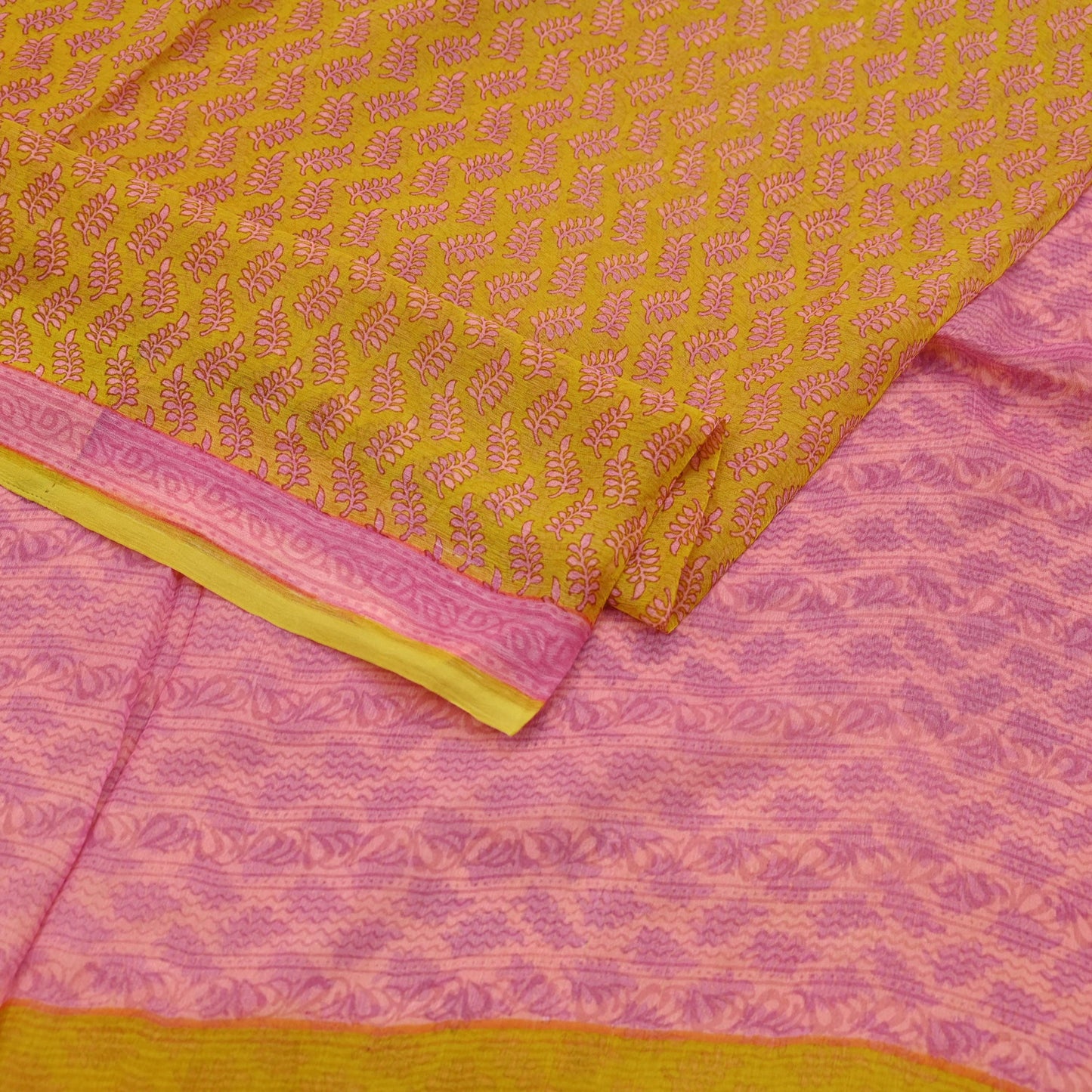 Vintage Sari Yellow & Pink 100% Pure Chiffon Silk Printed Sarees Sewing 5yd Craft Fabric Soft Dress Designing for Crafting Floral