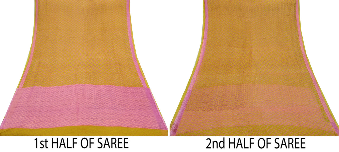 Vintage Sari Yellow & Pink 100% Pure Chiffon Silk Printed Sarees Sewing 5yd Craft Fabric Soft Dress Designing for Crafting Floral
