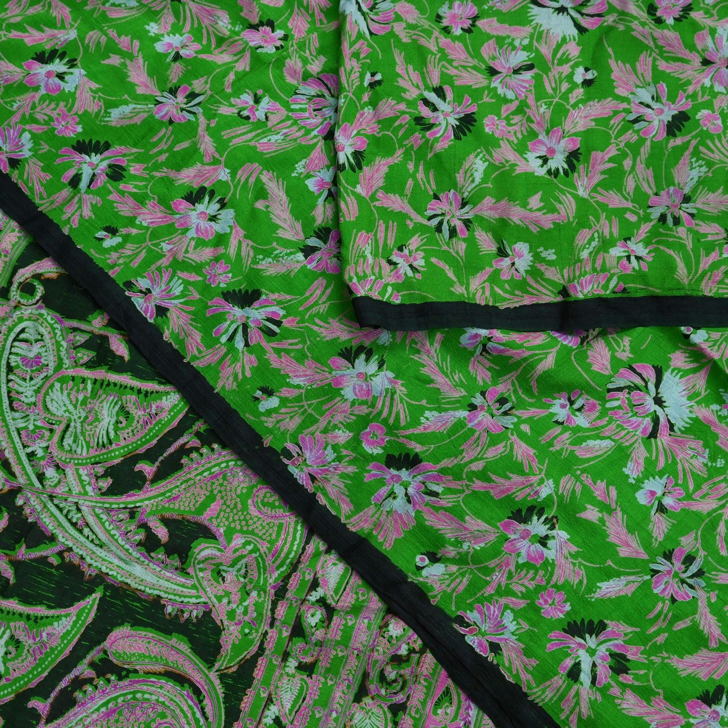 Indian Vintage Sari Green & Black Pure Silk Printed Sarees Craft Fabric 5yd Sewing Dress Making Soft Floral Crafting quilting