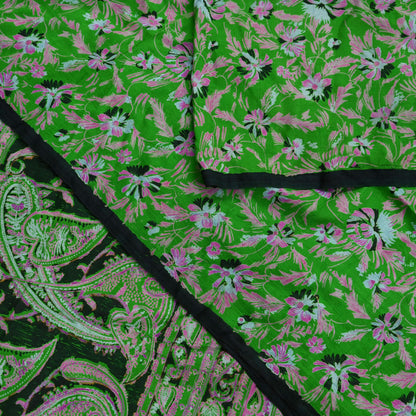 Indian Vintage Sari Green & Black Pure Silk Printed Sarees Craft Fabric 5yd Sewing Dress Making Soft Floral Crafting quilting
