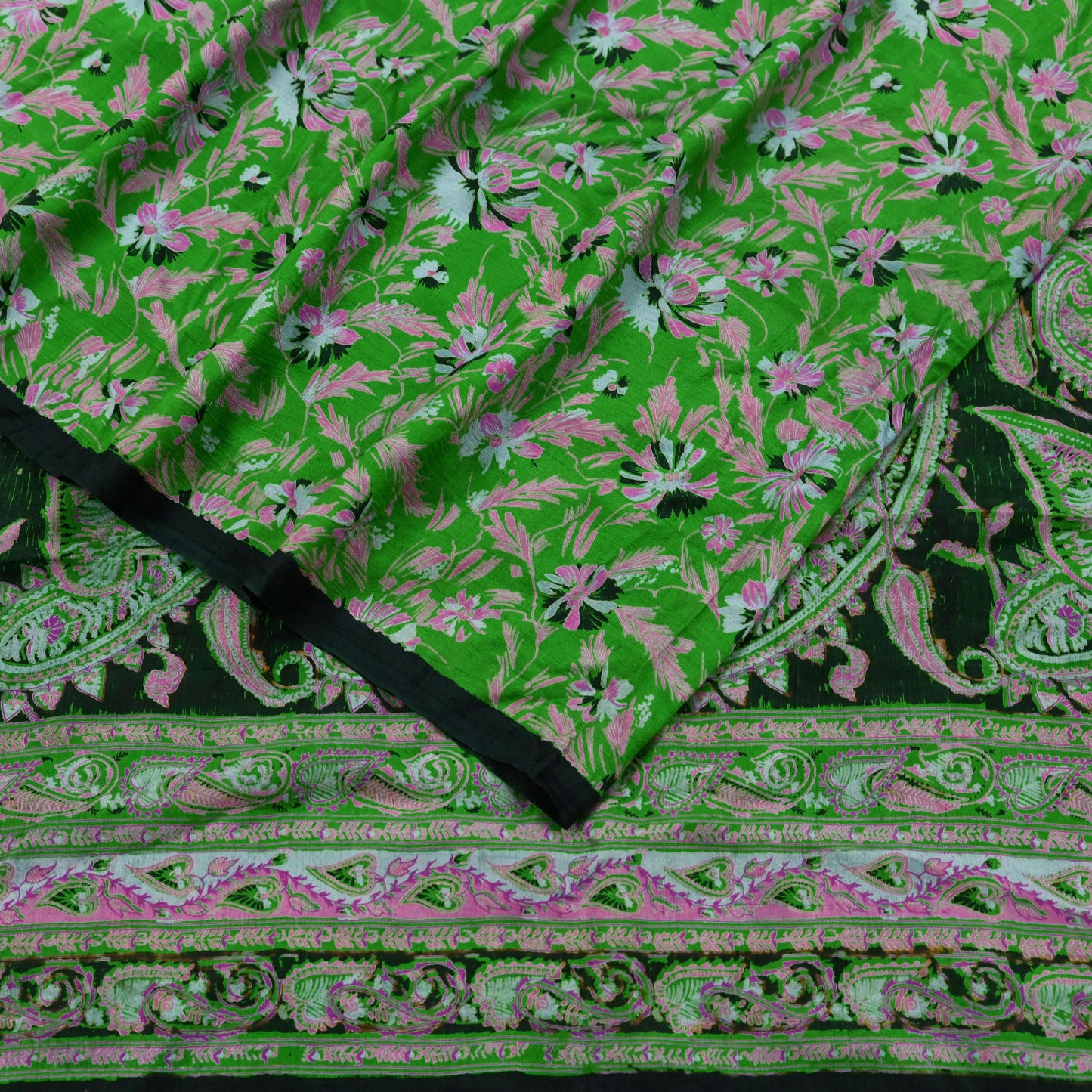 Indian Vintage Sari Green & Black Pure Silk Printed Sarees Craft Fabric 5yd Sewing Dress Making Soft Floral Crafting quilting