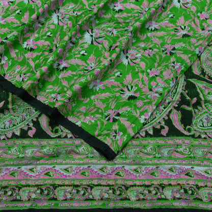Indian Vintage Sari Green & Black Pure Silk Printed Sarees Craft Fabric 5yd Sewing Dress Making Soft Floral Crafting quilting