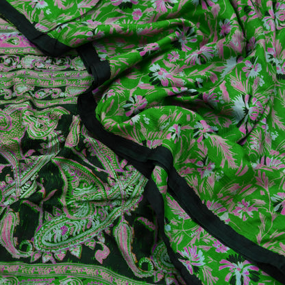 Indian Vintage Sari Green & Black Pure Silk Printed Sarees Craft Fabric 5yd Sewing Dress Making Soft Floral Crafting quilting