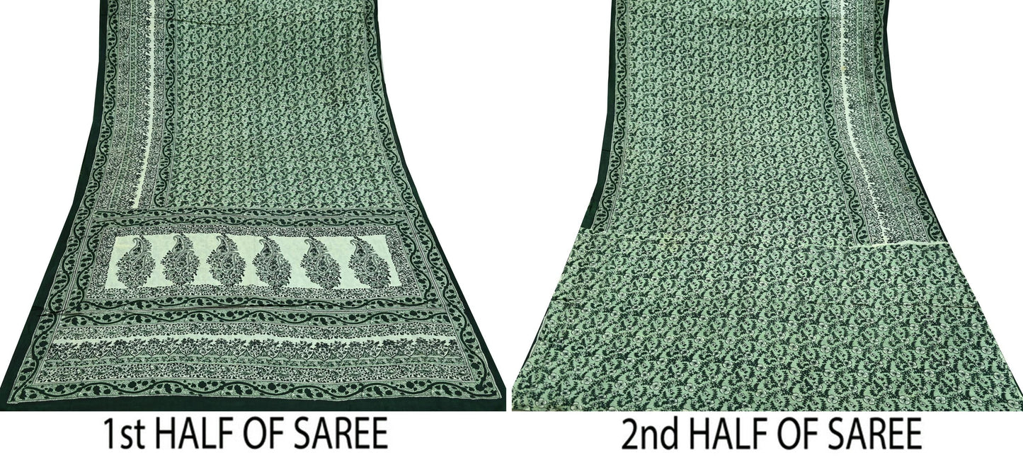 Indian Vintage Ivory & Green Saree Pure Silk Printed Sari 6yd Sewing Craft Fabric Dress Making Soft Crafting Quilting Quilting Upcycle