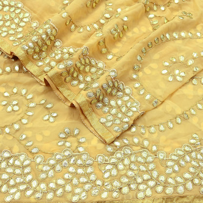 Indian Vintage Heavy Beige Dupatta Pure Georgette Silk Long Stole Hand Embroidered Gota Patti Scarf Zari Veil Wrap