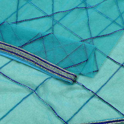 Indian Vintage Heavy Bridal Blue Dupatta Net Mesh Long Stole Hand Embroidered Scarf Golden Zardozi Zari Glass Beaded Stole Wedding veil
