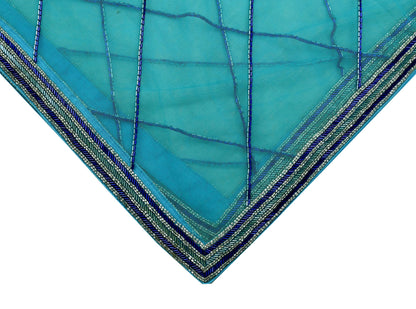 Indian Vintage Heavy Bridal Blue Dupatta Net Mesh Long Stole Hand Embroidered Scarf Golden Zardozi Zari Glass Beaded Stole Wedding veil