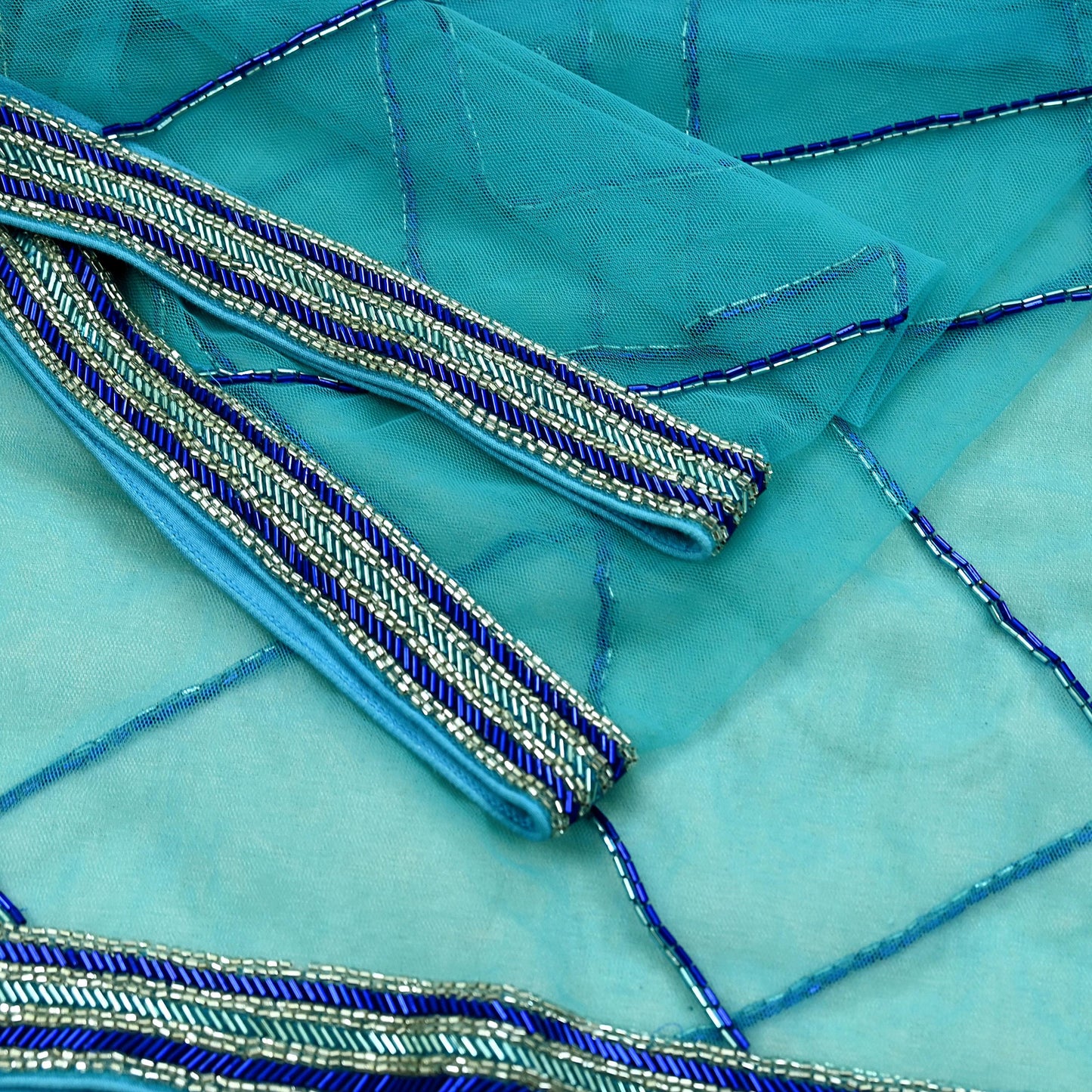 Indian Vintage Heavy Bridal Blue Dupatta Net Mesh Long Stole Hand Embroidered Scarf Golden Zardozi Zari Glass Beaded Stole Wedding veil