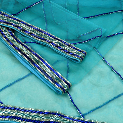 Indian Vintage Heavy Bridal Blue Dupatta Net Mesh Long Stole Hand Embroidered Scarf Golden Zardozi Zari Glass Beaded Stole Wedding veil