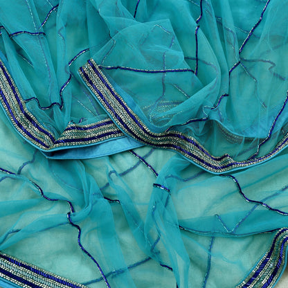Indian Vintage Heavy Bridal Blue Dupatta Net Mesh Long Stole Hand Embroidered Scarf Golden Zardozi Zari Glass Beaded Stole Wedding veil