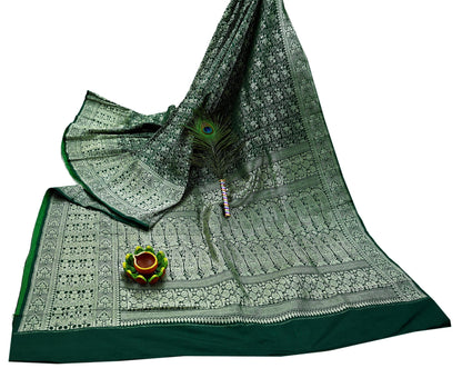 Indian Vintage Sari Bottle Green Heavy Wedding Pure Satin Silk Woven Banarasi Sarees Zari 6Yd Craft Fabric Dress making Crafting Quilting