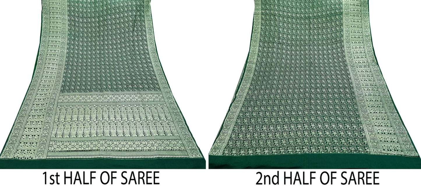 Indian Vintage Sari Bottle Green Heavy Wedding Pure Satin Silk Woven Banarasi Sarees Zari 6Yd Craft Fabric Dress making Crafting Quilting