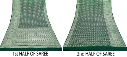Indian Vintage Sari Bottle Green Heavy Wedding Pure Satin Silk Woven Banarasi Sarees Zari 6Yd Craft Fabric Dress making Crafting Quilting