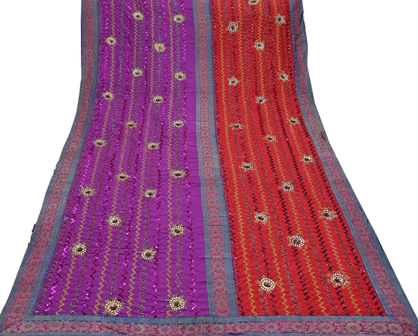 Indian Vintage Heavy Red & Purple Sari Hand Embroidered Sarees Craft Fabric 6Yd Sewing Soft Zardozi/Dabka Wedding/bridal saree