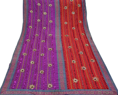 Indian Vintage Heavy Red & Purple Sari Hand Embroidered Sarees Craft Fabric 6Yd Sewing Soft Zardozi/Dabka Wedding/bridal saree