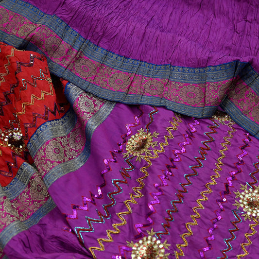 Indian Vintage Heavy Red & Purple Sari Hand Embroidered Sarees Craft Fabric 6Yd Sewing Soft Zardozi/Dabka Wedding/bridal saree