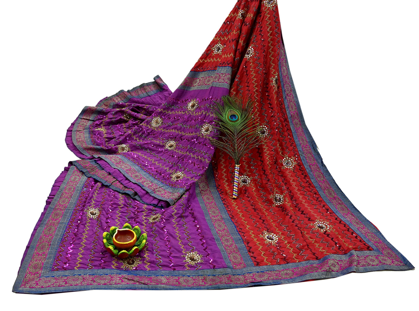 Indian Vintage Heavy Red & Purple Sari Hand Embroidered Sarees Craft Fabric 6Yd Sewing Soft Zardozi/Dabka Wedding/bridal saree