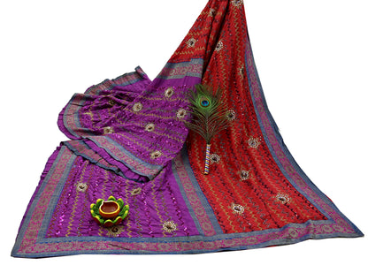 Indian Vintage Heavy Red & Purple Sari Hand Embroidered Sarees Craft Fabric 6Yd Sewing Soft Zardozi/Dabka Wedding/bridal saree
