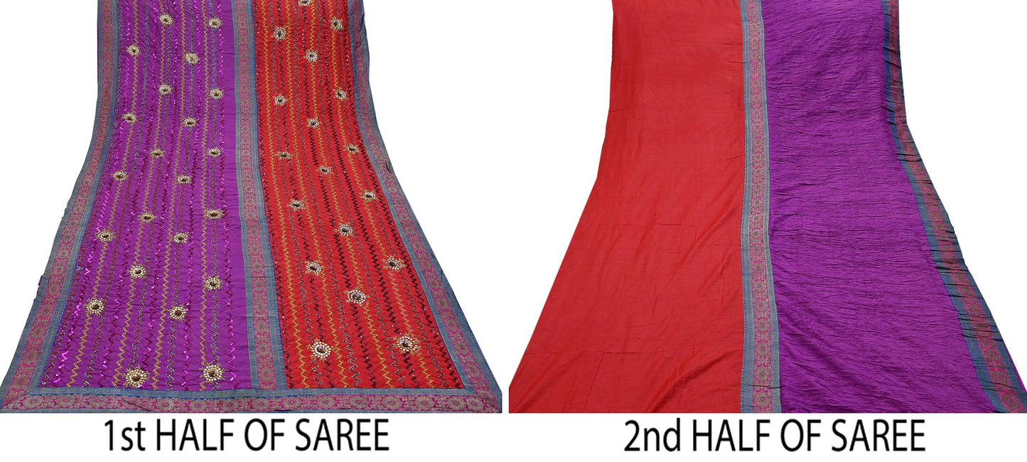 Indian Vintage Heavy Red & Purple Sari Hand Embroidered Sarees Craft Fabric 6Yd Sewing Soft Zardozi/Dabka Wedding/bridal saree
