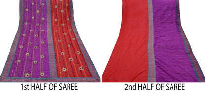 Indian Vintage Heavy Red & Purple Sari Hand Embroidered Sarees Craft Fabric 6Yd Sewing Soft Zardozi/Dabka Wedding/bridal saree