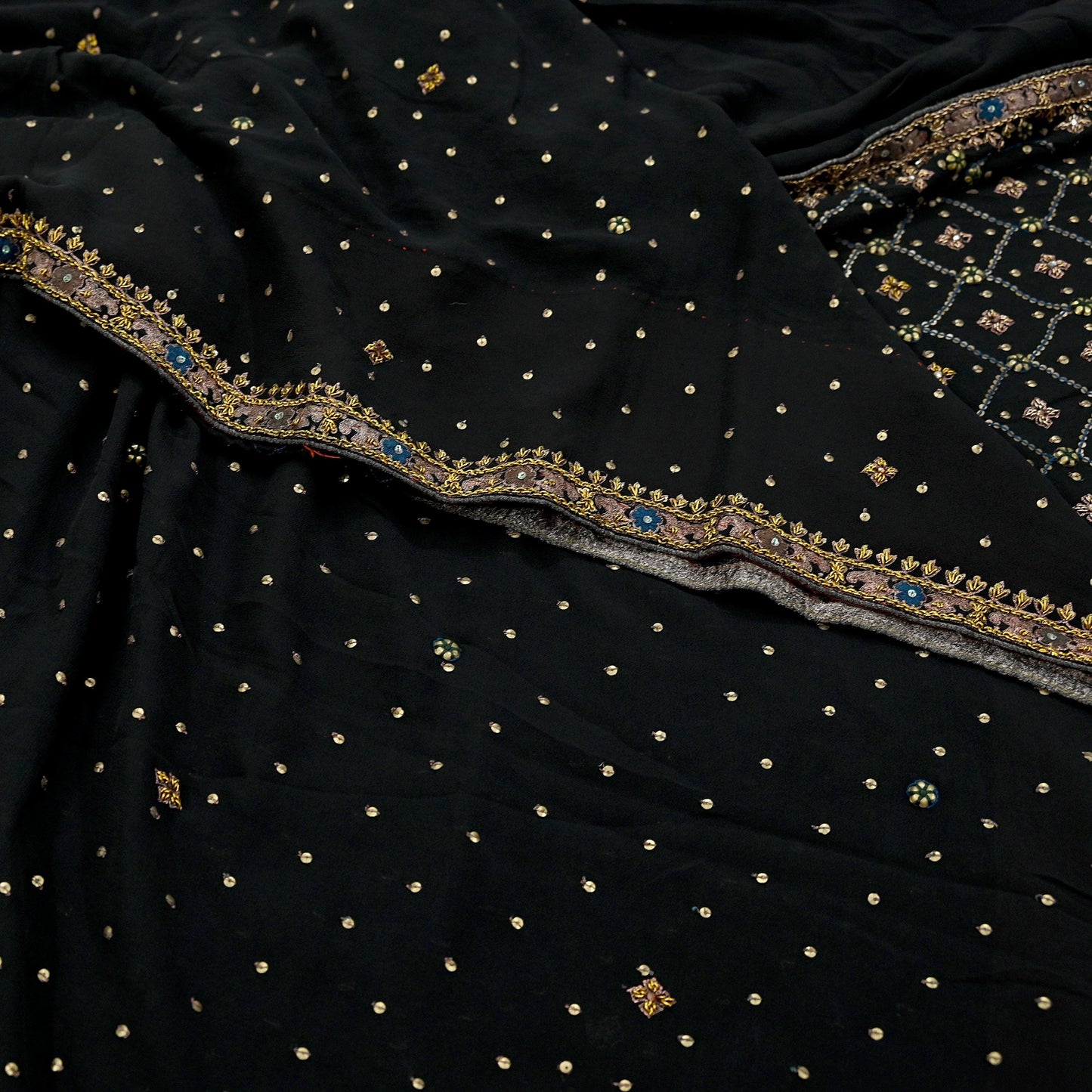 Indian Vintage Black Sarees Pure Georgette Silk Pre-owned Hand Beaded Ritu Kumar Designer Sari 6Yd Soft Ethnic Bollywood Party sarees