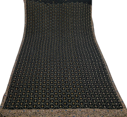 Indian Vintage Black Sarees Pure Georgette Silk Pre-owned Hand Beaded Ritu Kumar Designer Sari 6Yd Soft Ethnic Bollywood Party sarees