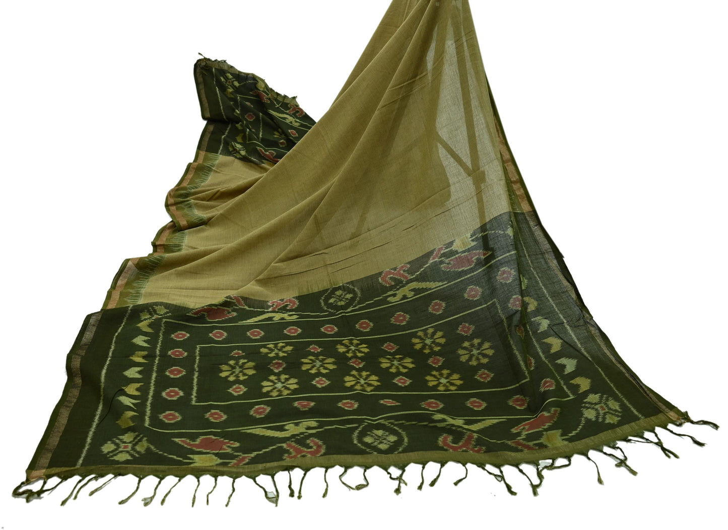 Indian Vintage Dupatta Beige & Green Long Stole Hand woven Sambalpuri Ikat Hijab Pure Cotton Indian Scarves Veil
