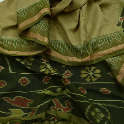 Indian Vintage Dupatta Beige & Green Long Stole Hand woven Sambalpuri Ikat Hijab Pure Cotton Indian Scarves Veil