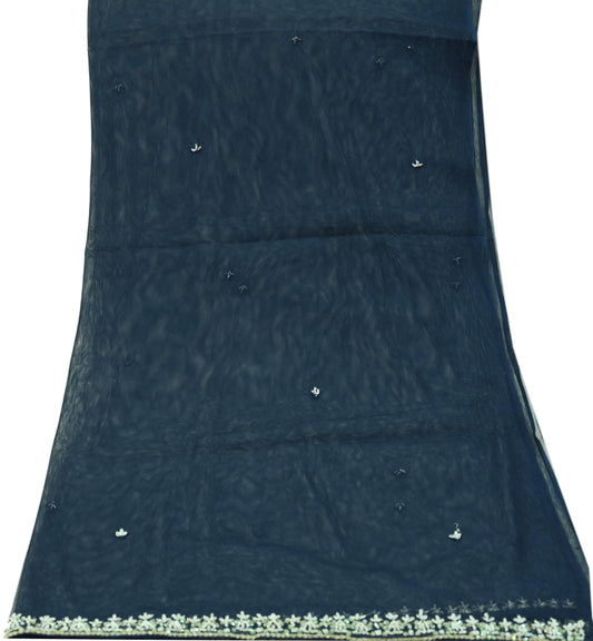 Indian Vintage Heavy Blue Dupatta Net Mesh Long Stole Hand Embroidered Scarves Golden Zardozi Zari Sequins Hijab Veil wrap Boho