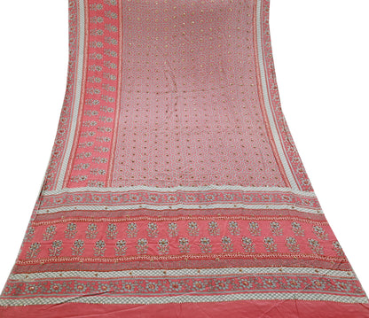 Indian Vintage Sari Pink & Gray Pure Crepe Silk Hand Embroidered Saree 5yard Sewing Floral Craft Sequins Dress making Crafting Quilting