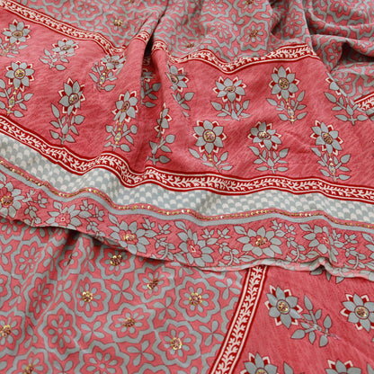 Indian Vintage Sari Pink & Gray Pure Crepe Silk Hand Embroidered Saree 5yard Sewing Floral Craft Sequins Dress making Crafting Quilting