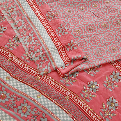 Indian Vintage Sari Pink & Gray Pure Crepe Silk Hand Embroidered Saree 5yard Sewing Floral Craft Sequins Dress making Crafting Quilting