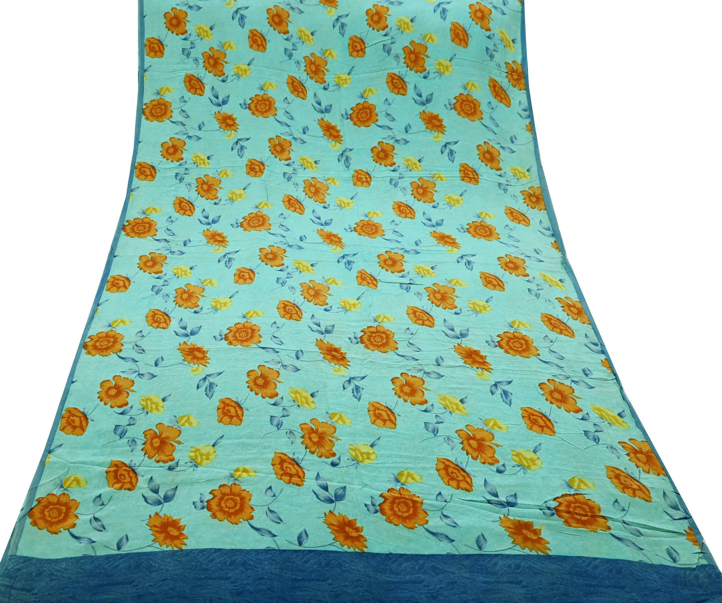 Indian Vintage Sari Blue & Green Pure Crepe Silk Printed Saree 5yd Sewing Floral Soft Craft Fabric Wrap Dress making Crafting Quilting