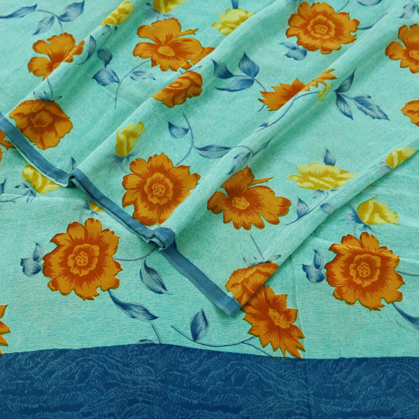 Indian Vintage Sari Blue & Green Pure Crepe Silk Printed Saree 5yd Sewing Floral Soft Craft Fabric Wrap Dress making Crafting Quilting
