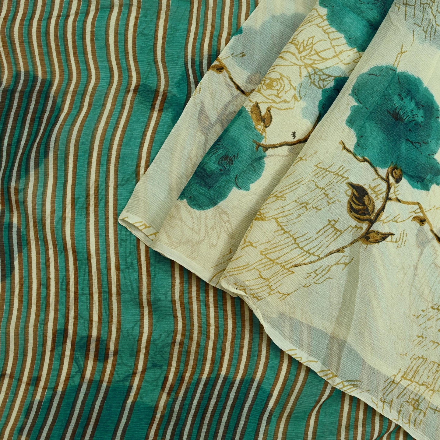 Indian Vintage Sari Green & Ivory Pure Chiffon Silk Printed Sarees 5Yd Craft Fabric Sewing Soft Light Sari Dress Making Upcycle Quilting