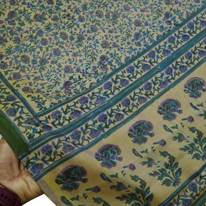 Indian Vintage Sari Beige 100% Pure Silk Block Printed Sarees Craft Fabric 5yd Sewing Dress Making Soft Floral Crafting Quilting
