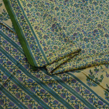 Indian Vintage Sari Beige 100% Pure Silk Block Printed Sarees Craft Fabric 5yd Sewing Dress Making Soft Floral Crafting Quilting