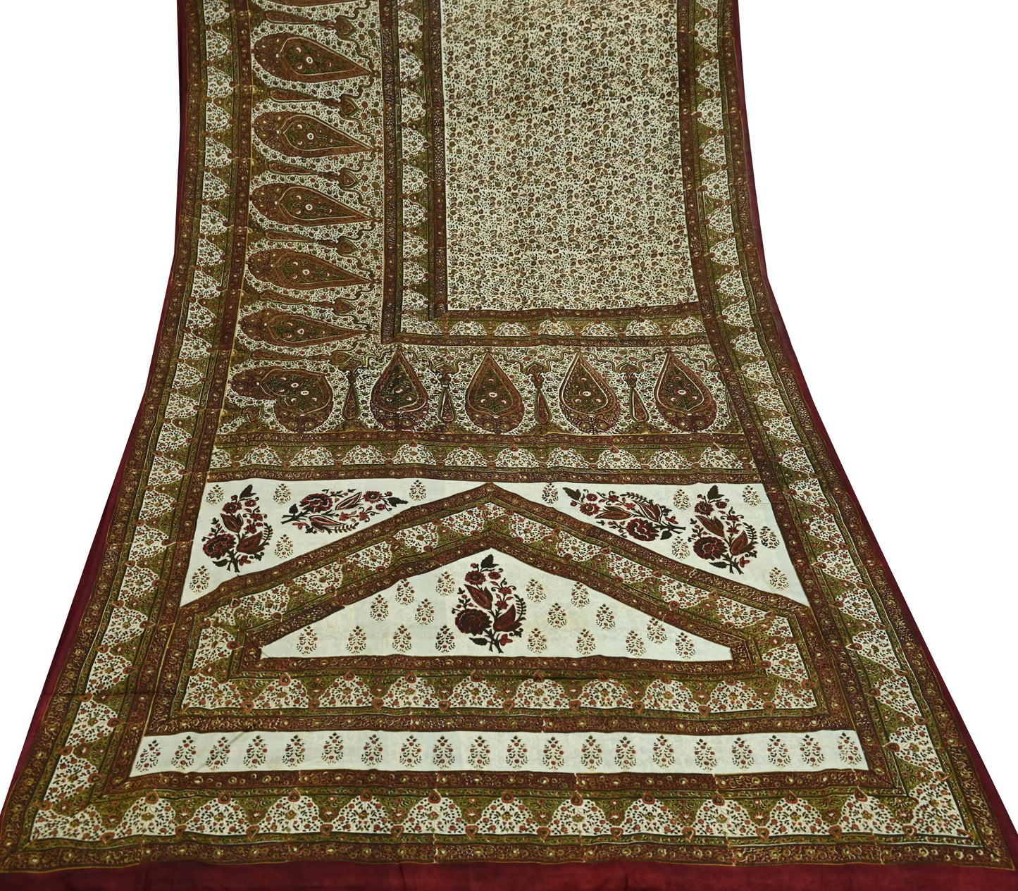 Indian Vintage Ivory & Green Saree Pure Silk Printed Sari 5yd Sewing Craft Fabric Dress Making Soft Crafting Quilting Quilting Upcycle