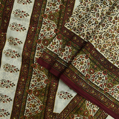 Indian Vintage Ivory & Green Saree Pure Silk Printed Sari 5yd Sewing Craft Fabric Dress Making Soft Crafting Quilting Quilting Upcycle